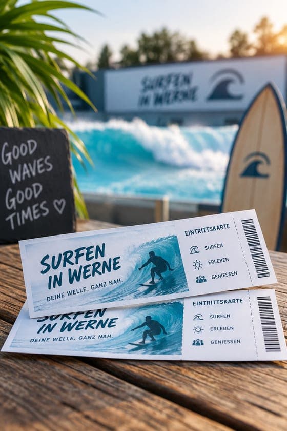 KI-generierte Illustration von zwei Eintrittskarten mit dem Schriftzug „surfen in werne – Deine Welle. Ganz nah.“ vor einem angedeuteten Wellenbecken
